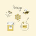 Honey set. Bee, honey, flowers. Flower honey pot. Jar with bee product. Royalty Free Stock Photo